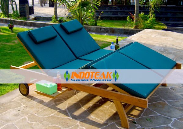 Teak Double Lounger With Green Color Cushions